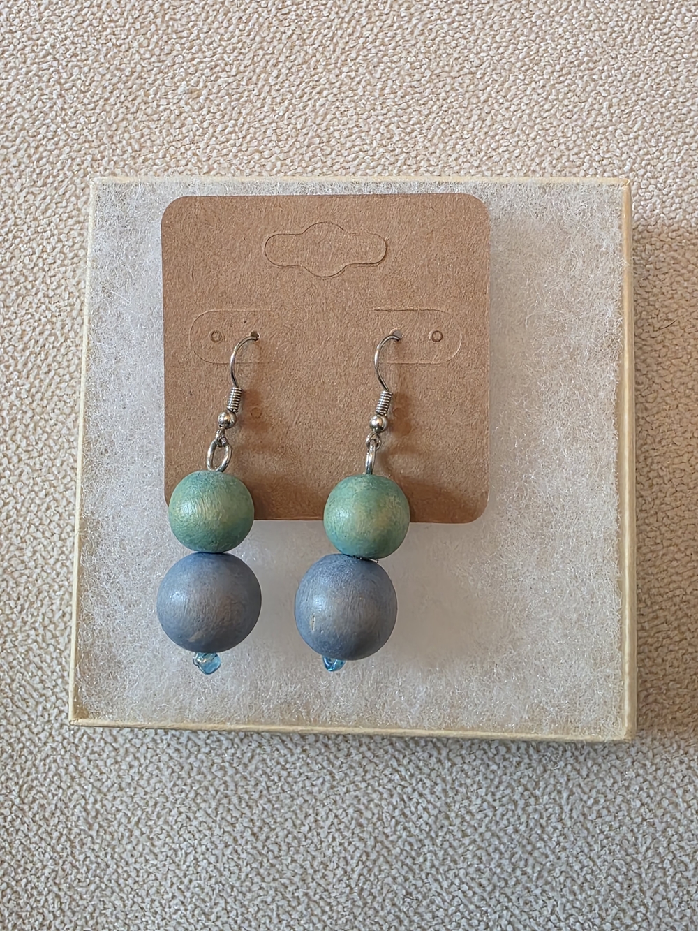 Boho Beaded Drop Earrings Green Gray Wood Look Dangle